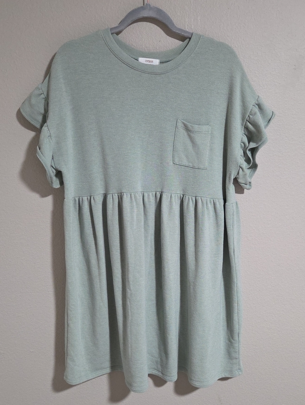 Cherish Sage Green Flutter Sleeve Babydoll Mini Dress - Medium